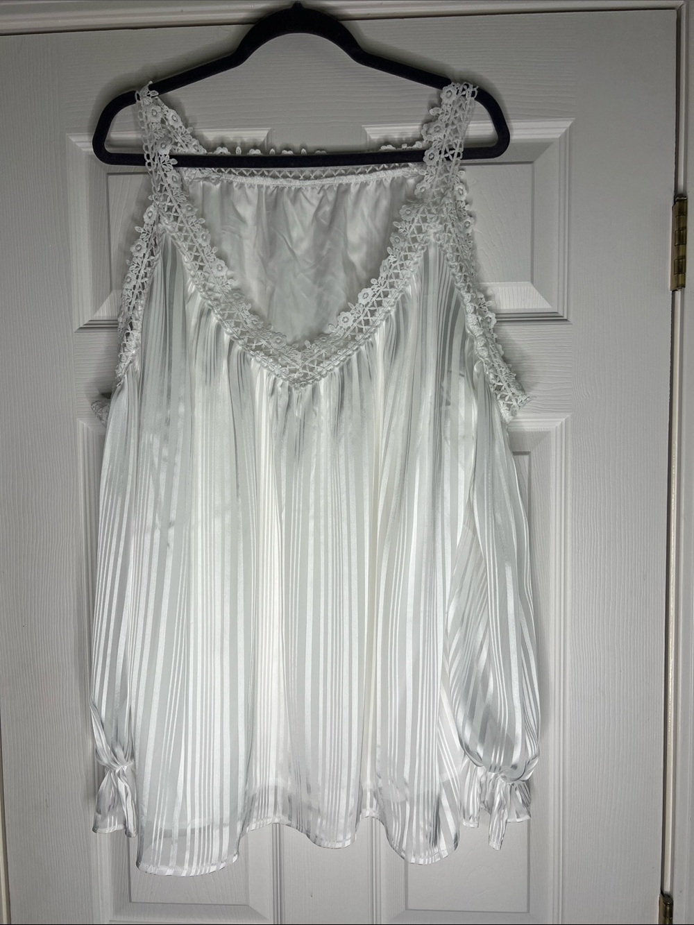 Women's White Lace-Trim Satin off shoulder blouse..